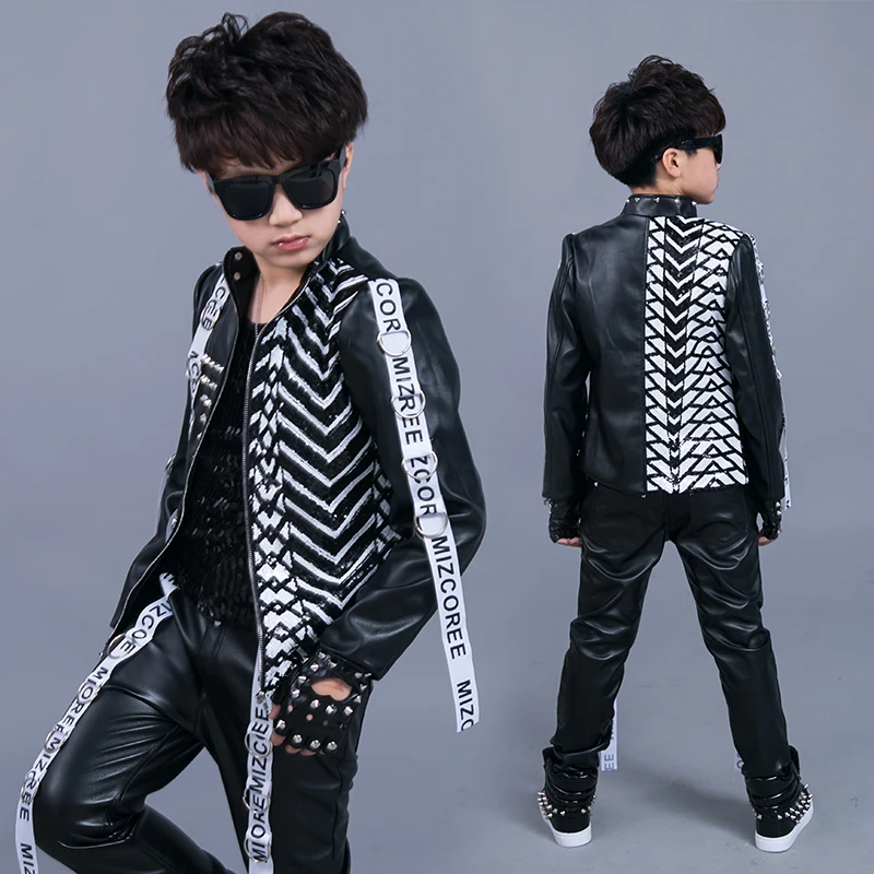 Boys' drum model walk show street clothing Korean Pu leather sequin ribbon jacket trousers suit children's performance clothing