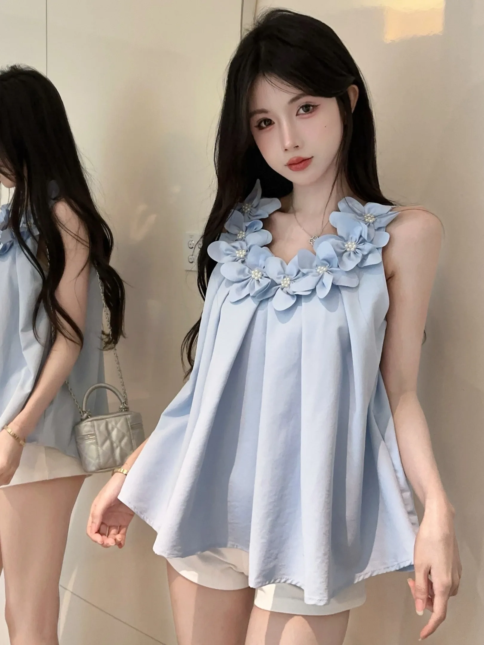 

Свободный крой, плиссированный топ с 3D цветочным принтом, лето 202, женский утягивающий топ Faion V-Ne Svel, повседневный irt