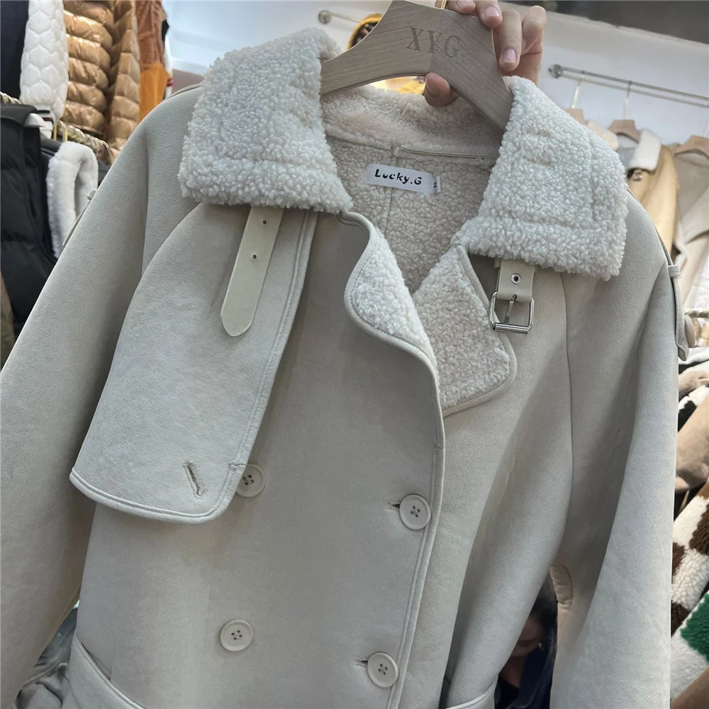 Per il 2023 cappotto di pelliccia sintetica donna inverno nuovo agnello lana pelle scamosciata colletto rovesciato Trench giacca di pelliccia Double face capispalla femminile Y3298