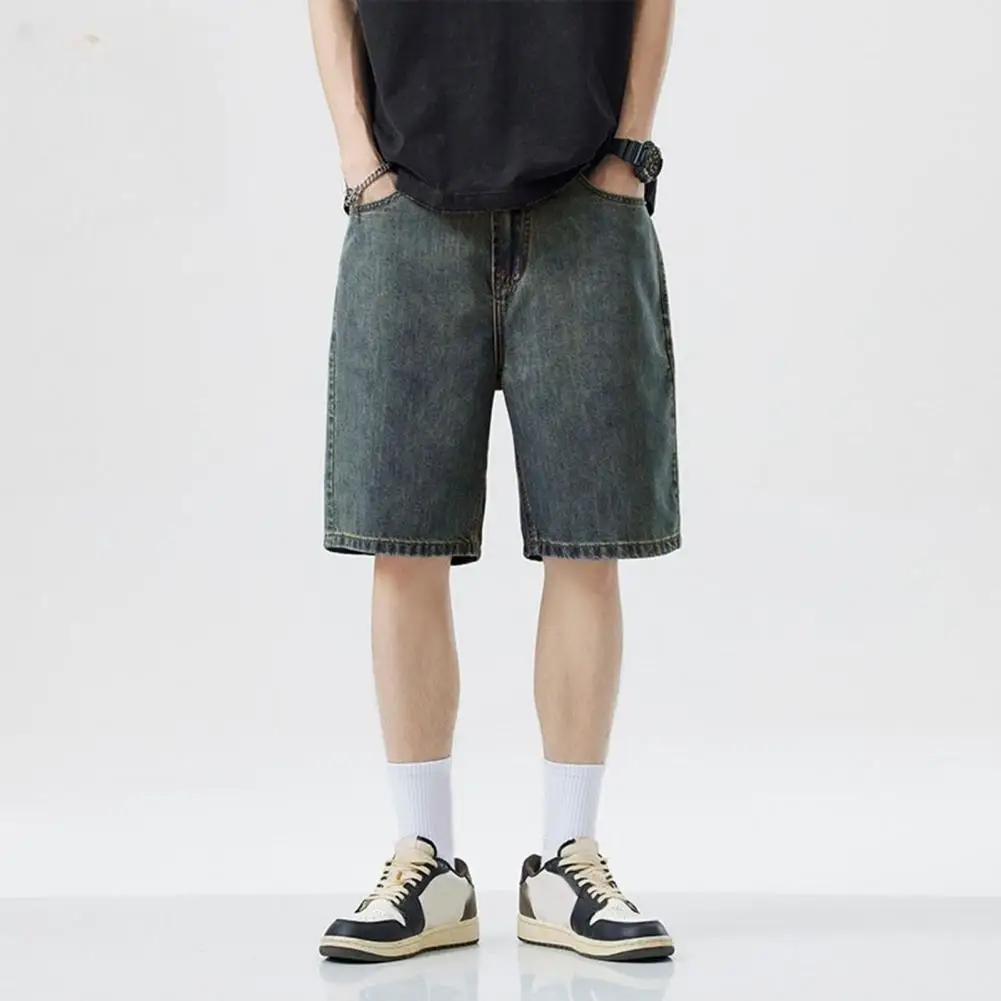 Men Shorts Elastic Waist Mid-rise Summer Casual Sport Shorts With Pockets Straight Wide Leg High Street Fashion Denim Shorts