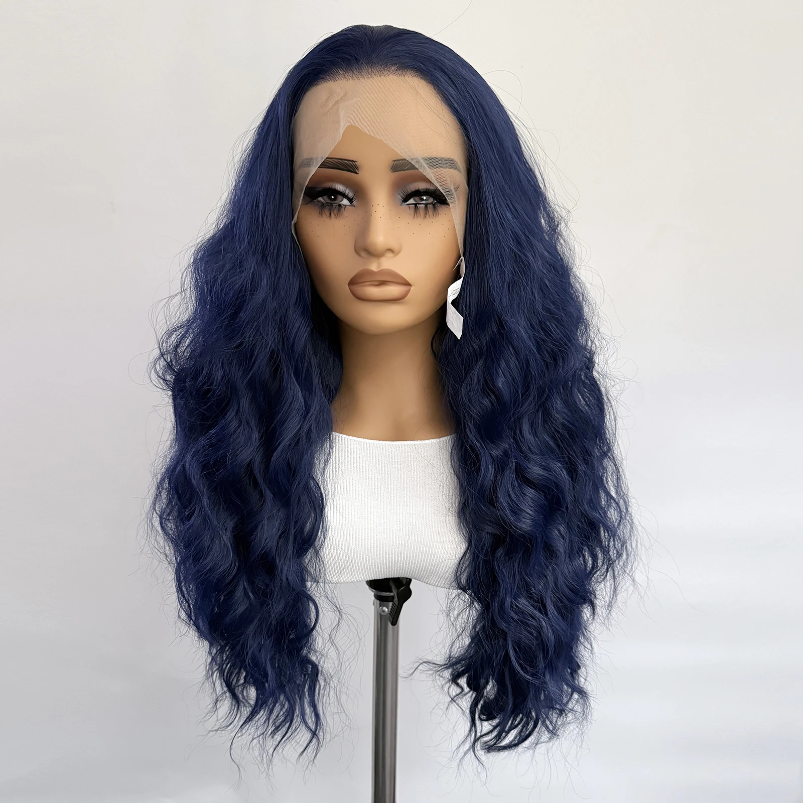 الأزرق الداكن الدانتيل شعر مستعار أمامي 13x4 الاصطناعية طويلة فضفاضة مجعد الباروكات للنساء مقاومة للحرارة الطبيعية المظهر الاستخدام اليومي تأثيري الباروكات