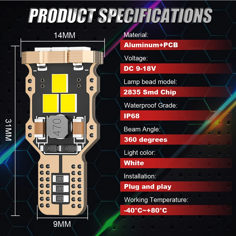 DualVision T15 W16W LED Bulbs Canbus 2835 SMD NO Error High Power LED Backup Light 6500K White 3000LM Plug and play 12V 2Psc