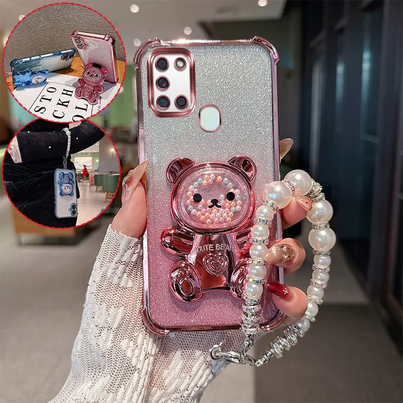 Niedlicher Bären-Cartoon-Halter mit Perlen-Lanyard-Riemen, stoßfeste Glitzer-Handyhülle für Samsung Galaxy A21s 21S Galaxy21s Rückseite