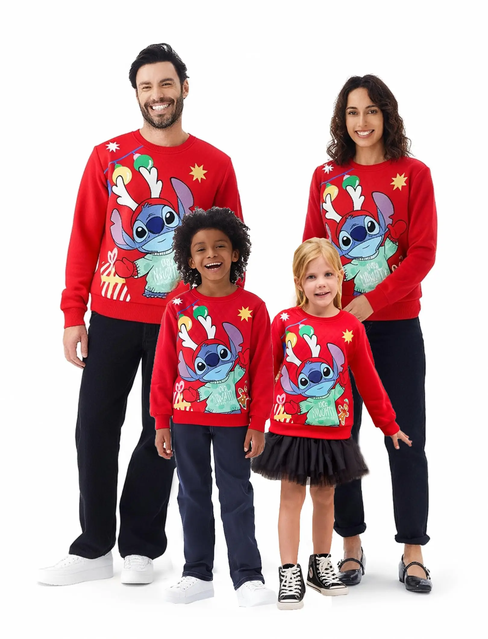 

Disney Family Matching Sweatshirt Stitch Mickey Spiderman Print Long Sleeve Winter Christmas Mom Dad Kids Loose Fit Red