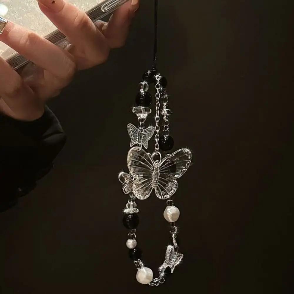 

Trendy Y2K Clear Bead Phone Strap Luxury Fashion Bowknot Wrist Short Rope Crystal Butterfly Phone Chain Phone Bag Accessories