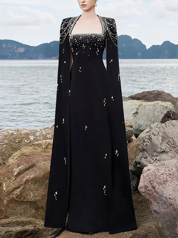 HIGH STREET Newest 2025 Designer Vestido Women's Diamonds Beaded Chains Cape Sleeve Floor Length Maxi Long Dress