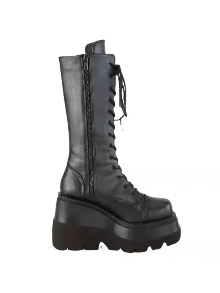 Bottes d'hiver femmes plate-forme chaussures chaussons pluie Combat militaire court en cuir noir nouveau Rock Punk Goth Lolita