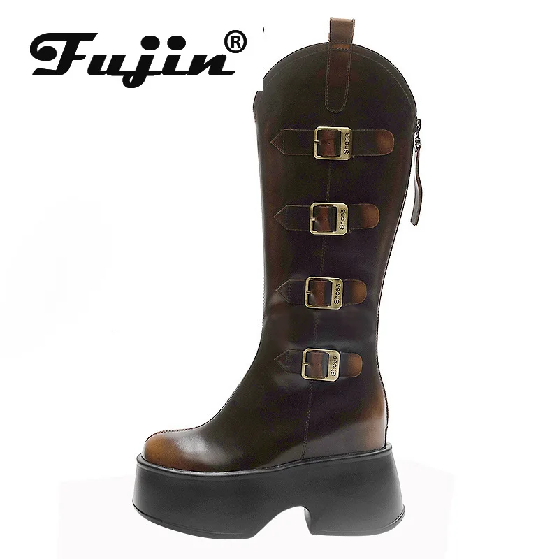 

Fujin 11cm Women Booties Knee High Platform Wedge Spring Shoes Microfiber Genuine Leather Boots Fall Winter Zipper Fashion