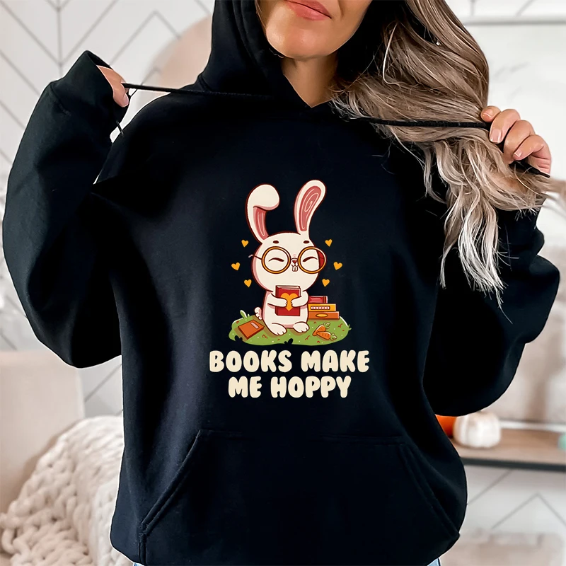 

Cute Bunny Easter Cartoon Women's Clothing Books Make Me Hoppy Print Women Fashion Casual Hoodies Easter Rabbit Books Sweatshirt