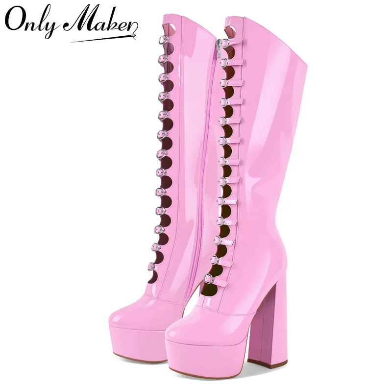 

Onlymaker Women Pink Platform Multibuckle Strap Knee High Boots Big Size Comfy Female Side Zipper Mondern Boots
