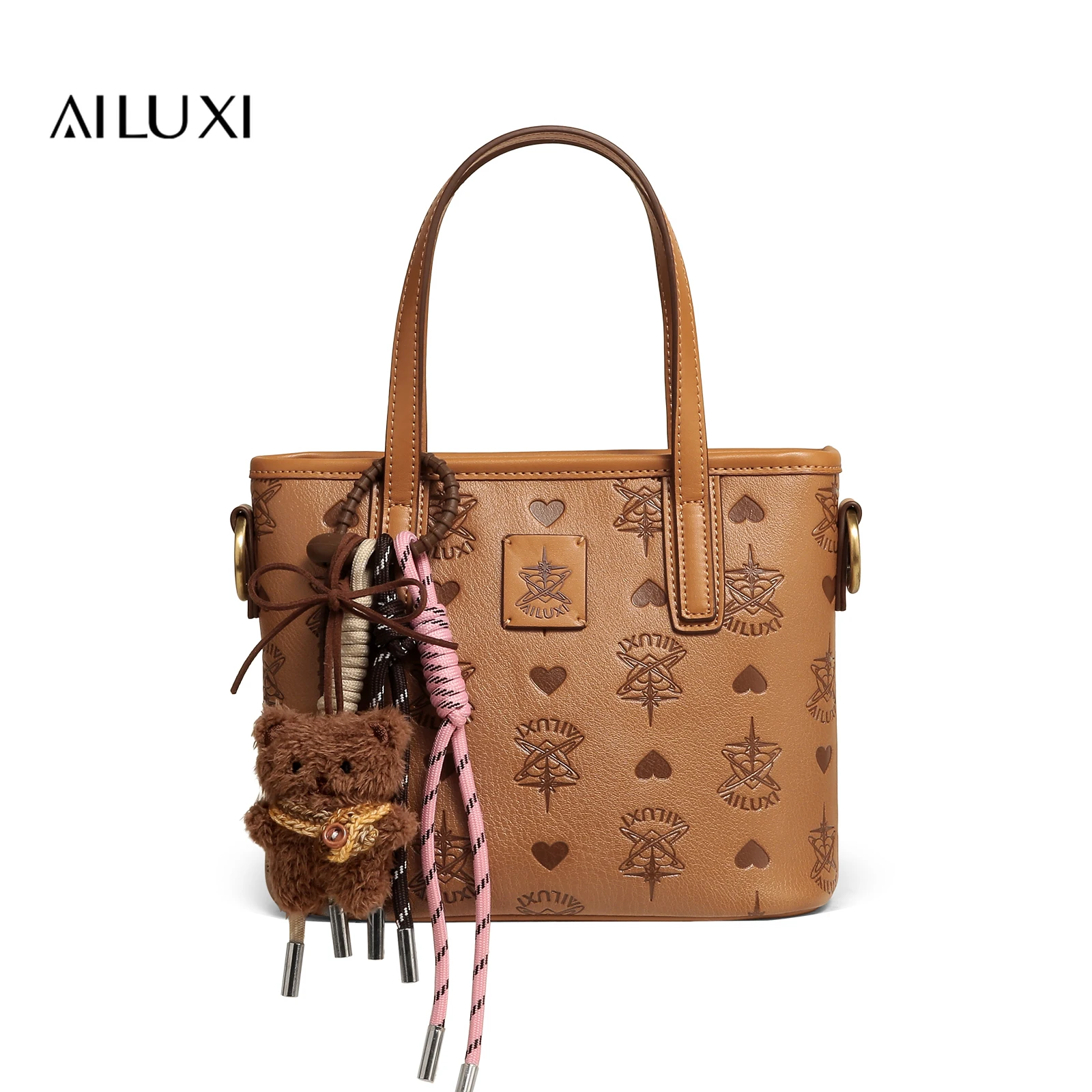 AILUXI Brown Handbag Tote for Women Cute Little Bear Pendant Handheld Leather Bag with Adjustable Shoulder Strap Valentine Gift