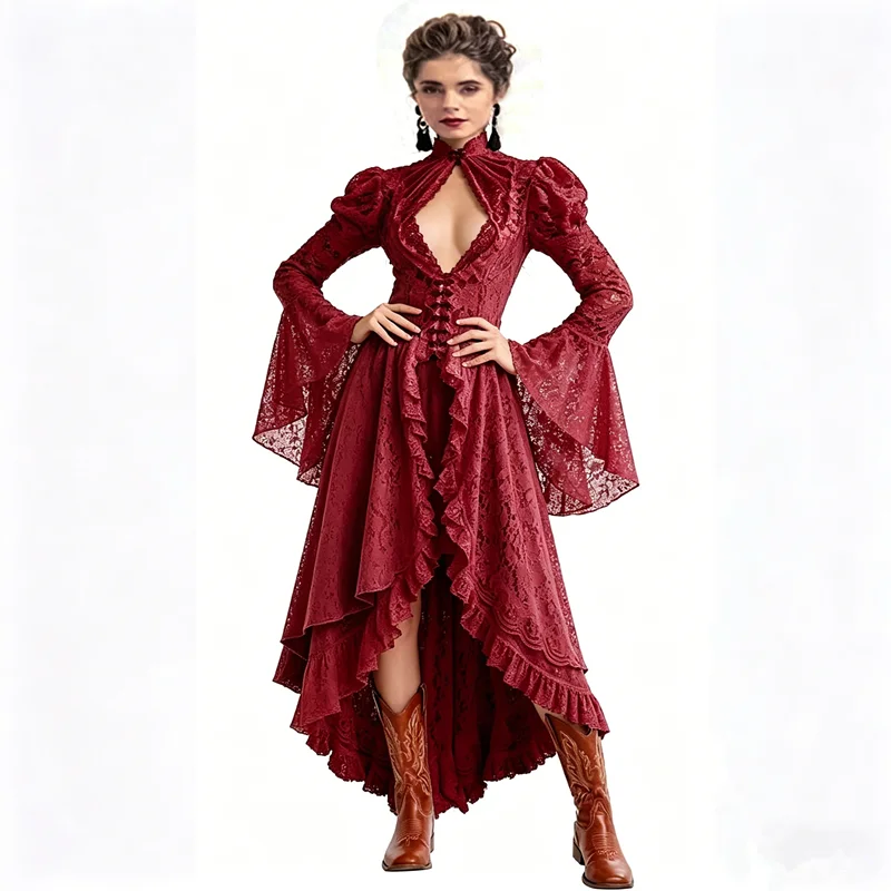 Dropshipping Halloween Cosplay Kostüme Vintage Damen Mittelalterliches Gotisches Spitzen-Bandage-Kleid in Schwarz, Fantasievolles Maxikleid Vestidos Longo
