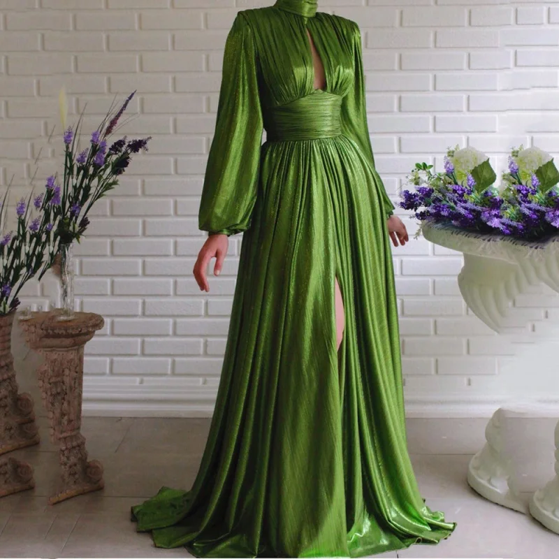 New 2024-Border Spring and Summer Popular Color Tight Waist Halter Large Swing Avocado Green Dress Long Dress Wom