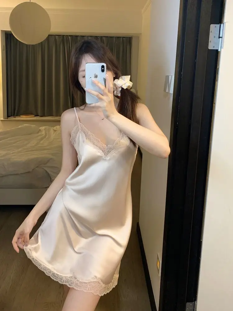 ElyraLux Summer Sexy Nightgown Ice Silk Tank Dress Lace Side Pajama for Woman Smooth Fabric Nightdress Women's Home Clothes