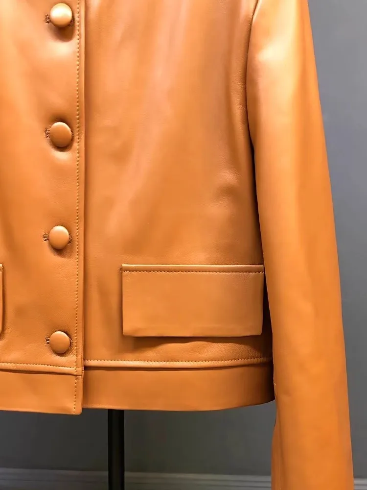 Autunno primavera pelle di pecora naturale O-Collo moda arancione giacca da donna dritto monopetto in vera pelle cappotto corto capispalla