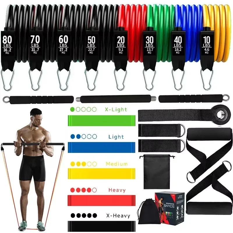 3-Section Detachable Workout Bar Bodybuilding Elastic Exercise Bands Pilates Bar Kit with Resistance Bands Set Fitness Equipment