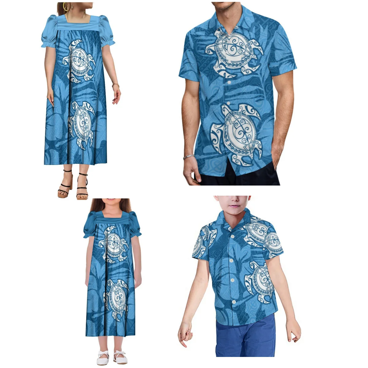 

Samoan Party Family Set Polynesian Sea Turtle Women'S And Children'S Mumu Dress Pie Collar Long Skirt And Men'S Boys' Shirt