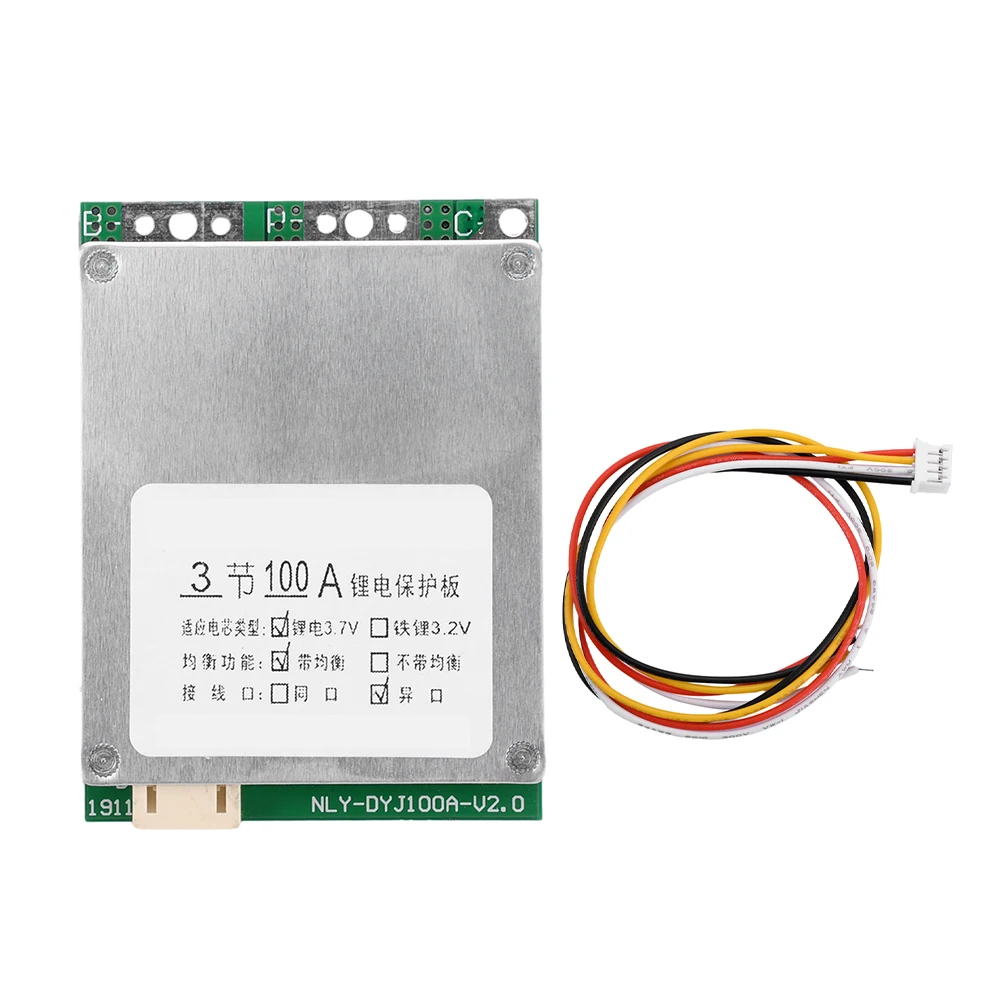 BMS 3S 12V 65A Continuous Current 100A Peak Current Split Port with Equalizer Li-ion Battery Protector Board with Sampling Cable