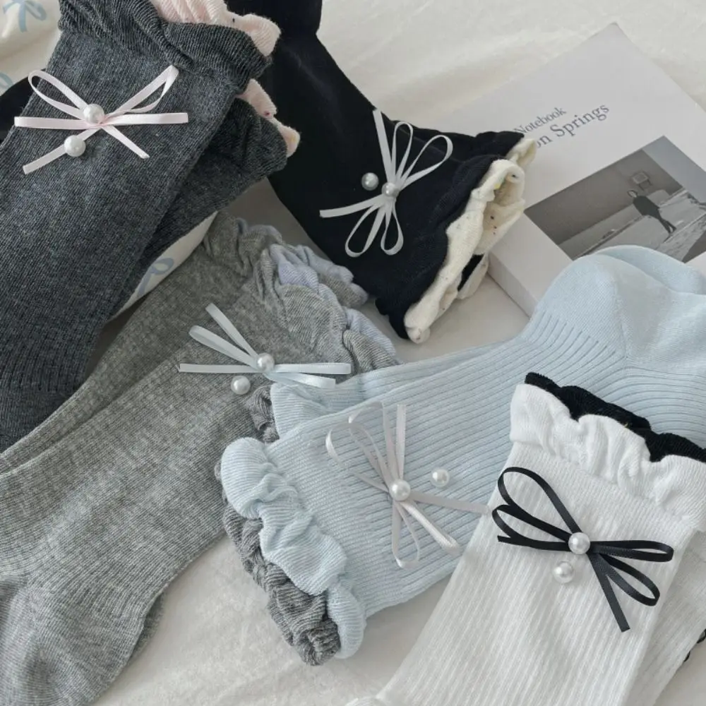 5 paia di moda volant bowknot calzini di perle sottili ins stile metà tubo calzini femminili traspiranti calzini dolci donna ragazza