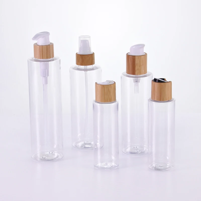 6Pcs Clear Cosmetic Packaging PET Plastic Bottle100/120/150ML Natural Bamboo Shampoo Spray Dispenser Pump Disc Top Cap Twist Lid