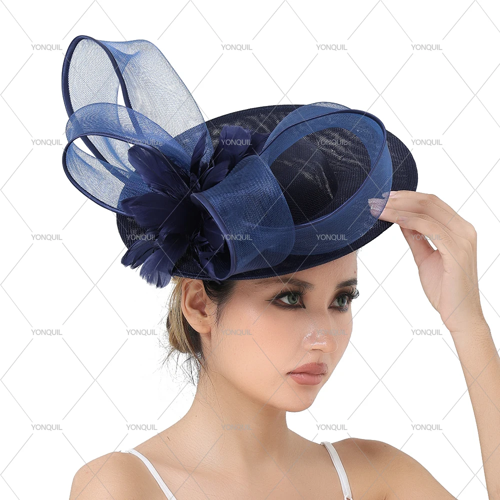 Elegant Feather Fascinator Hat for Women Sweet Tea Party Mesh Hair Band Bowknot Wedding Bride Headdress Fashion Accessory