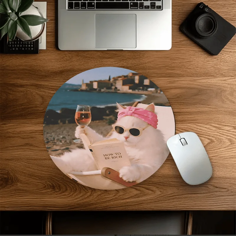 Cute Cat Reading Book Mouse Pad Small Round Mouse Pads Gaming Mouse Pad Desk Pad Non-Slip Rubber Office Work Home Desktop Decor