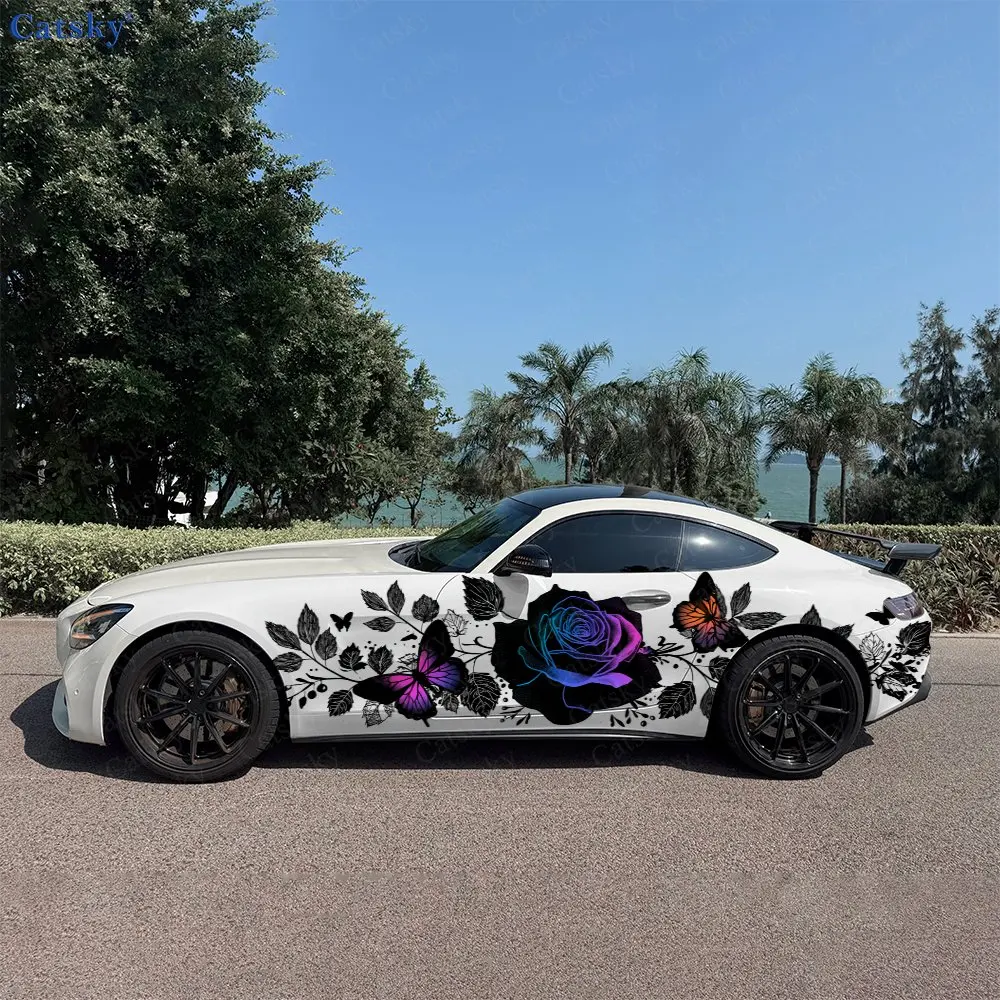 2pcs Contrast Color Flower & Butterfly Car Side Wraps, Self-Adhesive PVC Waterproof & Scratch-Resistant Stickers, Car Accessory