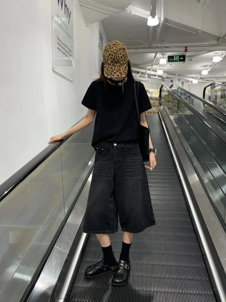 

American Style High Waist Wide Leg Mid-Length Jeans Women's Summer High Waist plus Size Slimming Loose Straight Short Pants