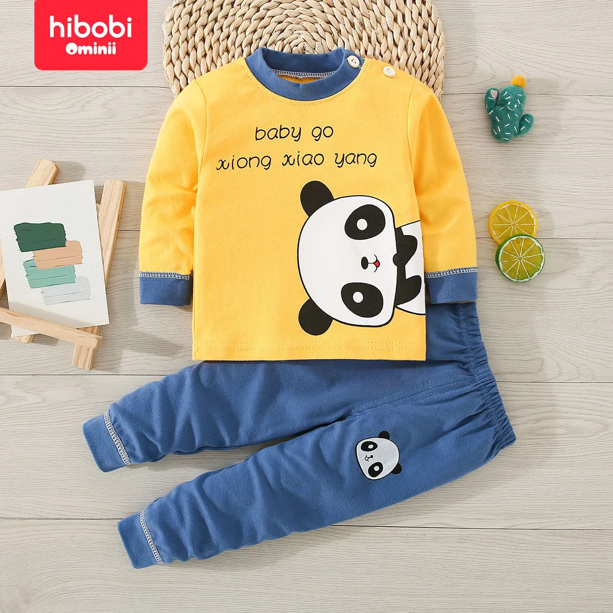 hibobi 2-Piece Children\'s Pajama Pants Set Cute Panda Pattern Comfortable Round Neck Boys Home Wear Set For Aged 1-4 Years Old