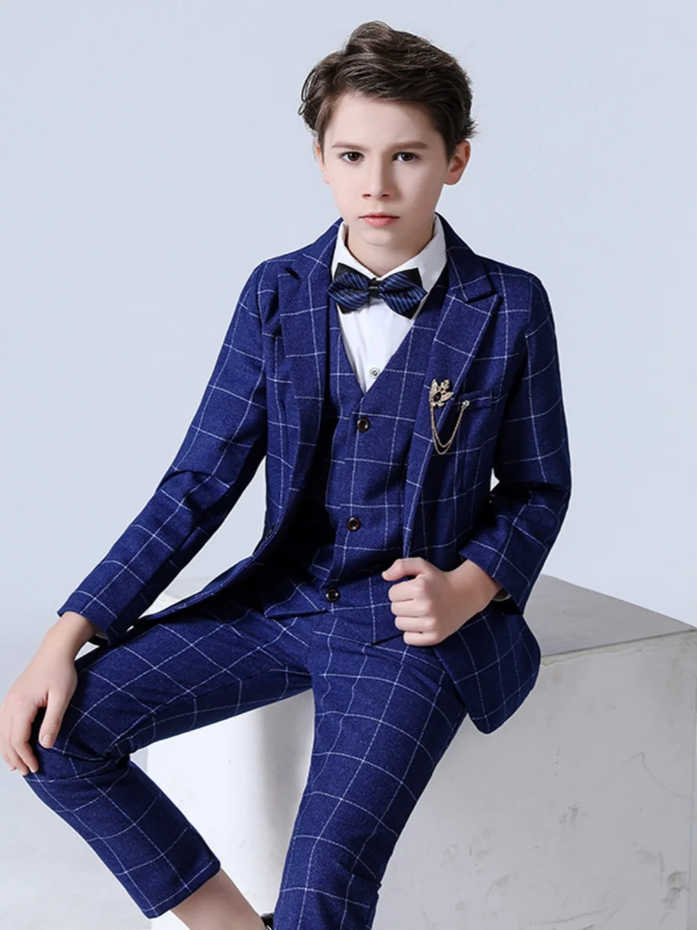 Blue Elegant Plaid Suit Set 5 Pieces Piano Performance Outfit Handsome Smart Boys Slim Fit Suits Banquet Party Wear 110-160cm