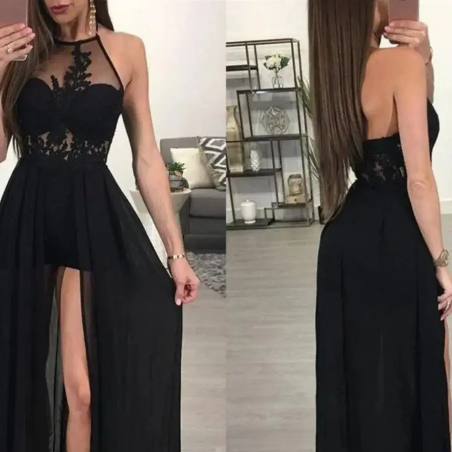 2024 Sexy High Neck Long Sleeve Prom Dress Party Wear Halter Neck Front Slit Transparent Evening Gown Chiffon Special Occasion