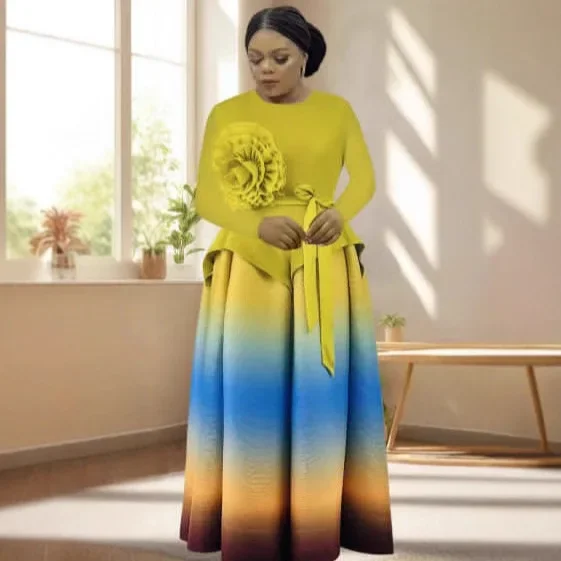 

2025 Gradual Change Color Miyake Pleats Loose Elegant Set Round Neck Large Flower Big Skirt Women Summer New Two-piece Set