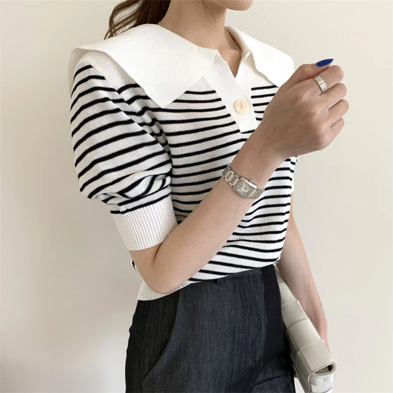 Female Fashion Short Sleeve Slim Turndown Collar Knitted Sweaters Women's Summer Striped Tops Vintage Loose All Match Pullover
