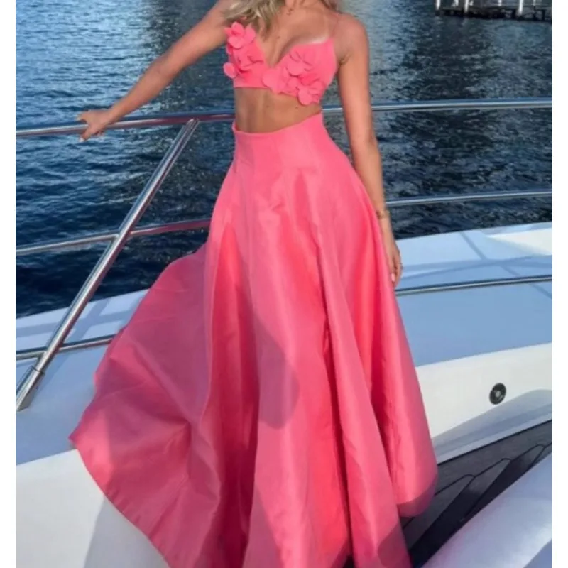 

2026 Spring/summer New Long Skirt Bandeau Set Three-dimensional Flower Pink Beach Resort Women's Clothing