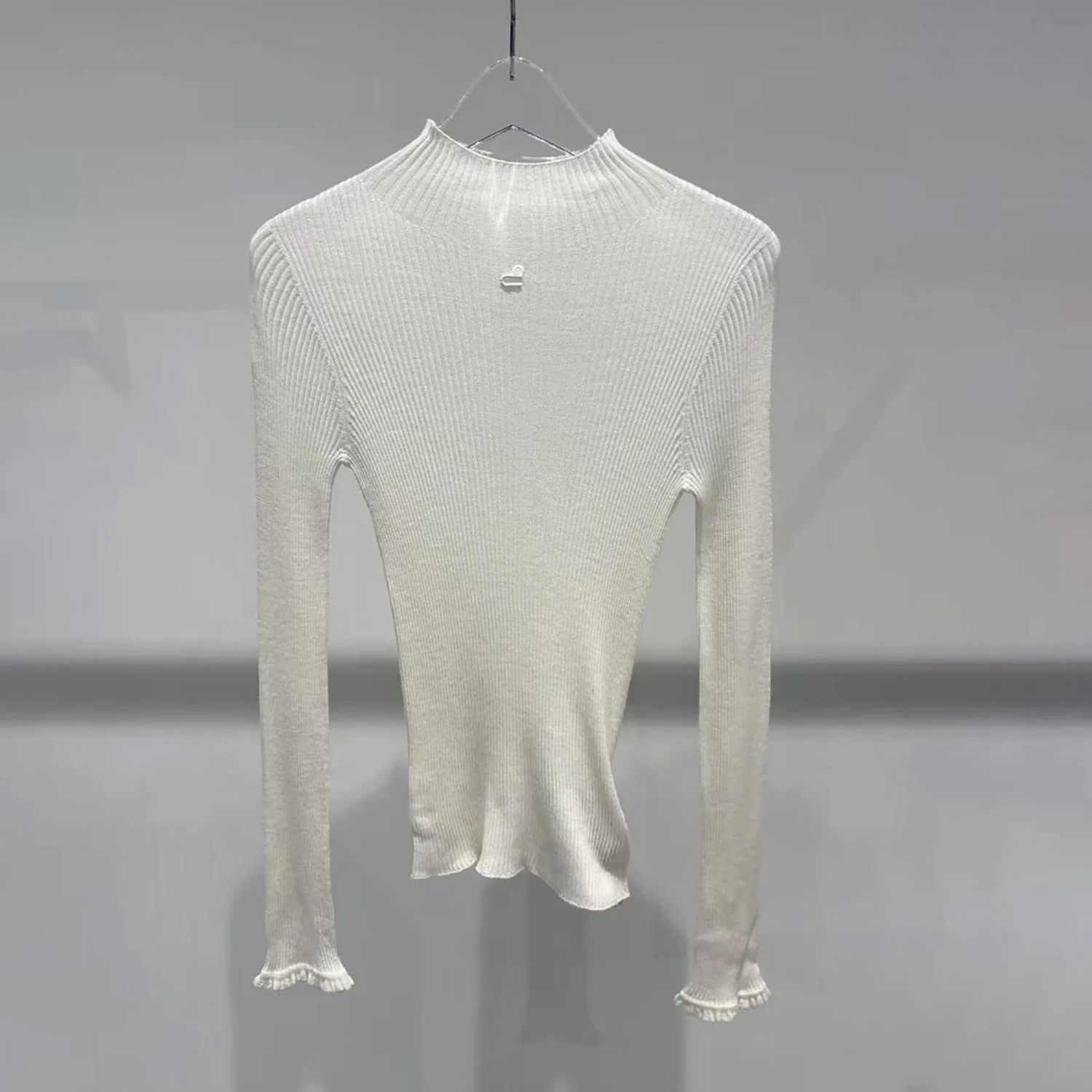 

Элегантный женский вязаный топ с длинным рукавом и высоким воротником, облегающий базовый лонгслив для прогулок, новинка осенней коллекции