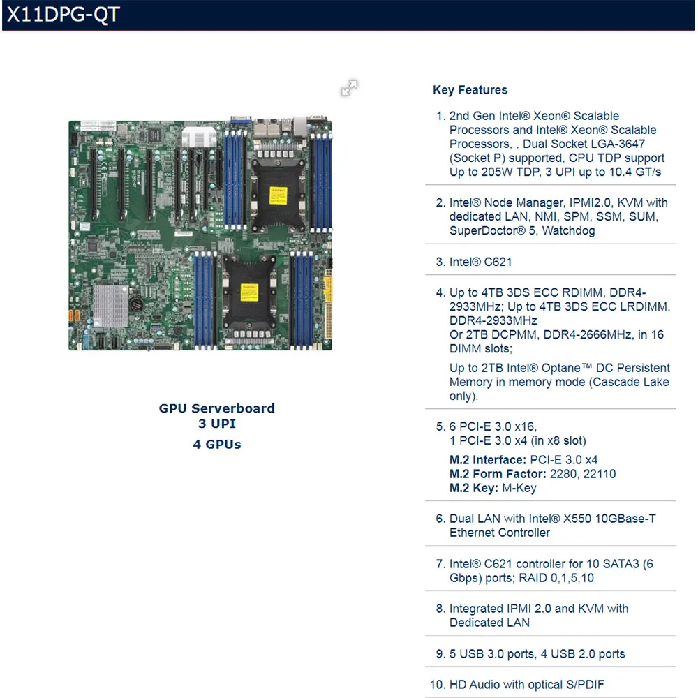 2-Socket Serveur Station De Travail Carte Mère C621 LGA-3647 DDR4 2e Isabel Pour sourire micro X11DPG-QT