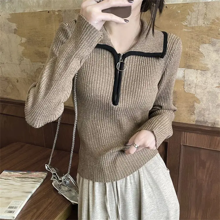 Half Zip Lapel Knit Sweater For Women\'s Spring New Design Sense, Niche Loose And Slimming Bottom Top Women Knitted Shirt Sweater