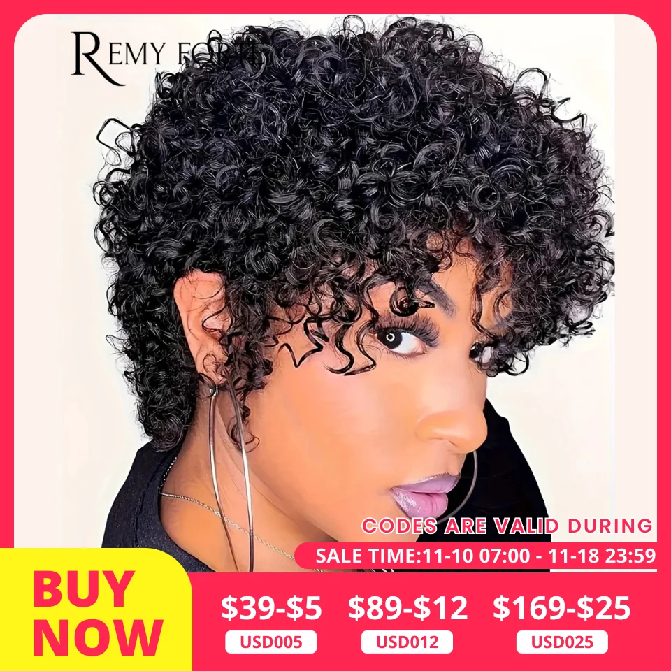 

Remy Forte Brown Afro Kinky Curly Short Bob Wig Human Hair Full Machine Made Wig 180D Natural Black Pixie Cut Bob Human Hair Wig