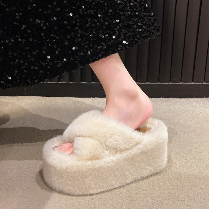

Fur Slippers Women Platform EVA Soles Memory Foam Winter Cozy Open Toe Breathable Living Room Shoes Luxury