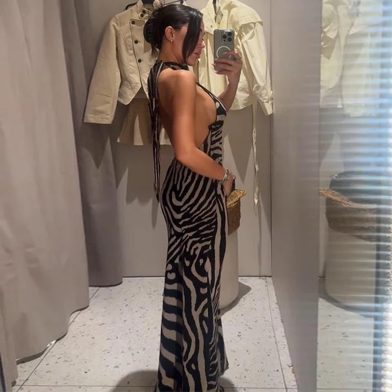 Zebra-Bedrucktes Neckholder-Maxikleid für Damen, Sexy, Ärmellos, Rückenfrei, Tailliert, Hüftbetont, Schlankes Abendkleid, Elegante Damenroben – Detail 19