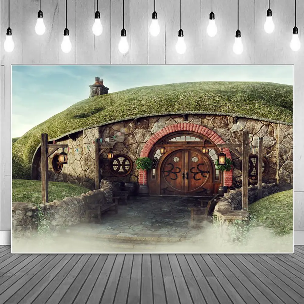 Round Door Dwarf Cabin Photography Backgrounds Fairy Tale Grass Stones Gnome Hut Children Backdrop Photographic Portrait Props