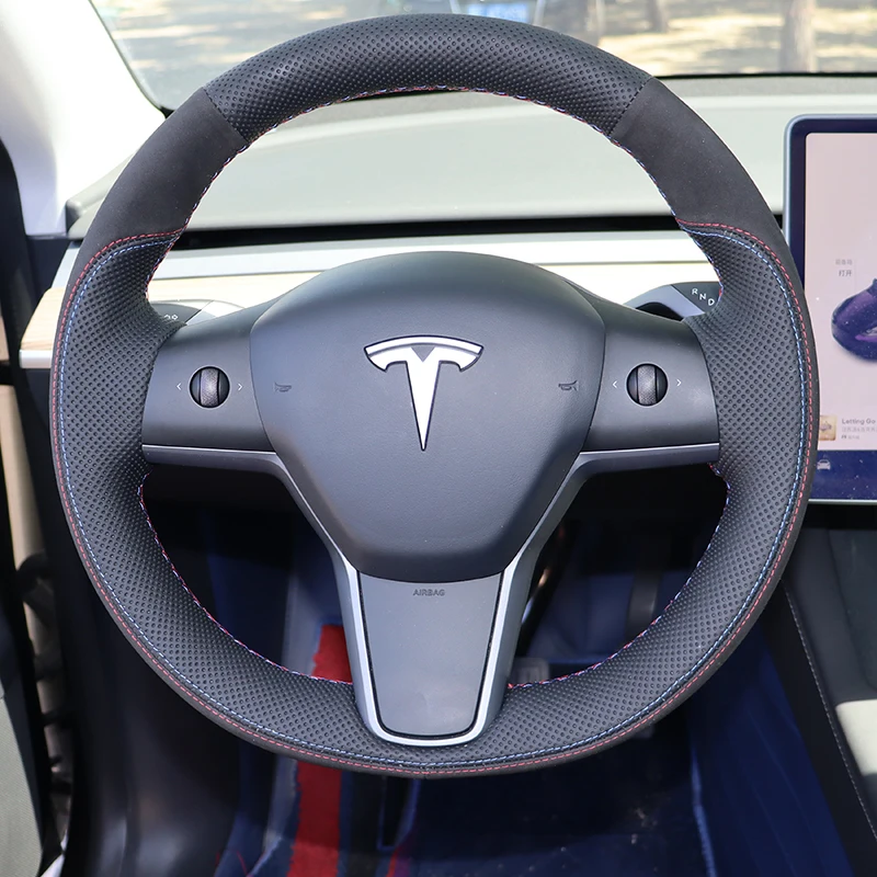 Hand-stitched Black White Genuine Leather Sports Style Car Steering Wheel Cover 100% Fit For Tesla Model Y/3 2017-2020