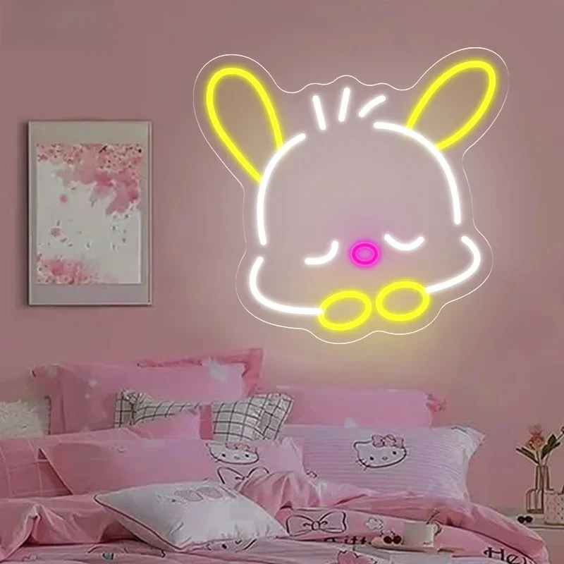 

Милый мультяшный неоновый светильник в виде кролика, светодиодный настенный светильник Kawaii для спальни, декор для комнаты девочек, романтический розовый ночник, идеальный подарок