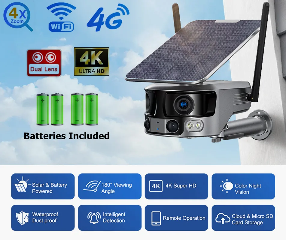 

4K UHD 4G Solar Camera Outdoor WIFI 10X Optical Zoom Two-way Audio Color Night Vision CCTV Camera Solar