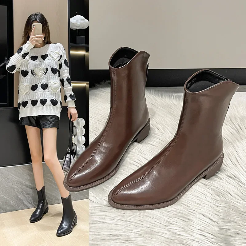 Women's Boots  Autumn/winter Pointed V-mouth Retro Fashion White Short Boots Zipper Flat Bottom Comfort Anti Slip Boots