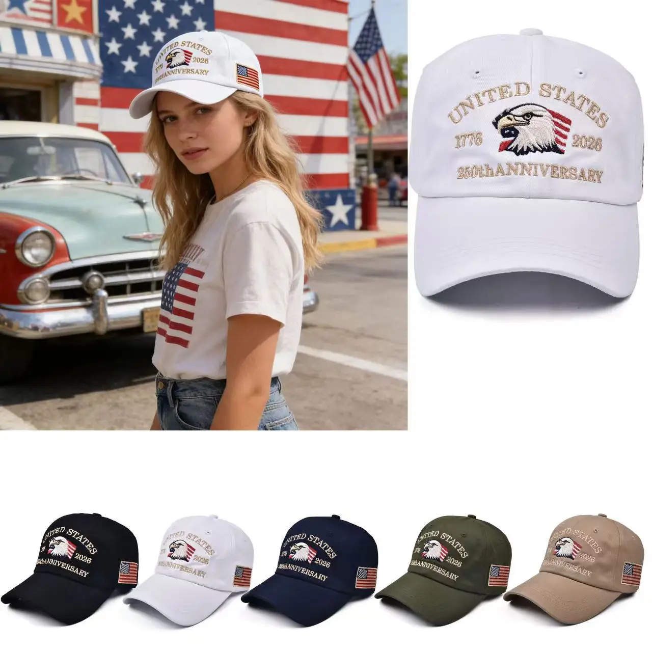 

Amazon Hot Sale Baseball Cap Embroidery American Eagle Head 250th Anniversary Caps USA Stitch Shade Hats