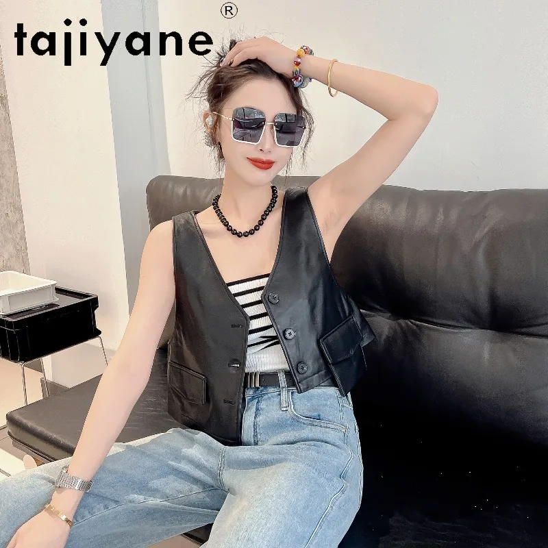TAJIYANE Genuine Sheepskin Leather Vest Black Leather Jacket Woman Short Gilet V-neck Outer Jackets for Woman Asymmetric Veste