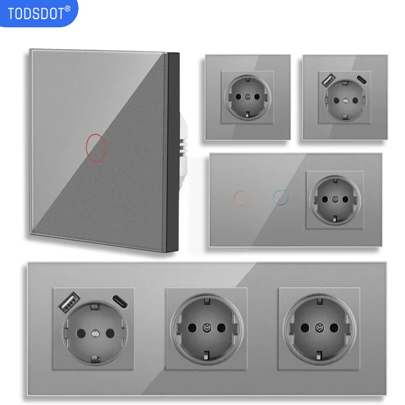 TODSDOT Home Power Wall Socket 16A European Russian Spain Grey Tempered Glass Panel Multi Frame German Socket Flame Retardant