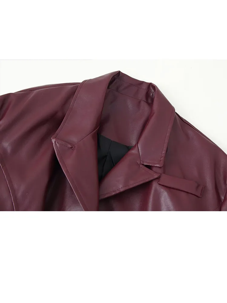 HH Women Winter Leather Fashion Versatile Waist Lapel Lace-Up Long Sleeve Leather Jacket Female High Street Casual Short Jacket