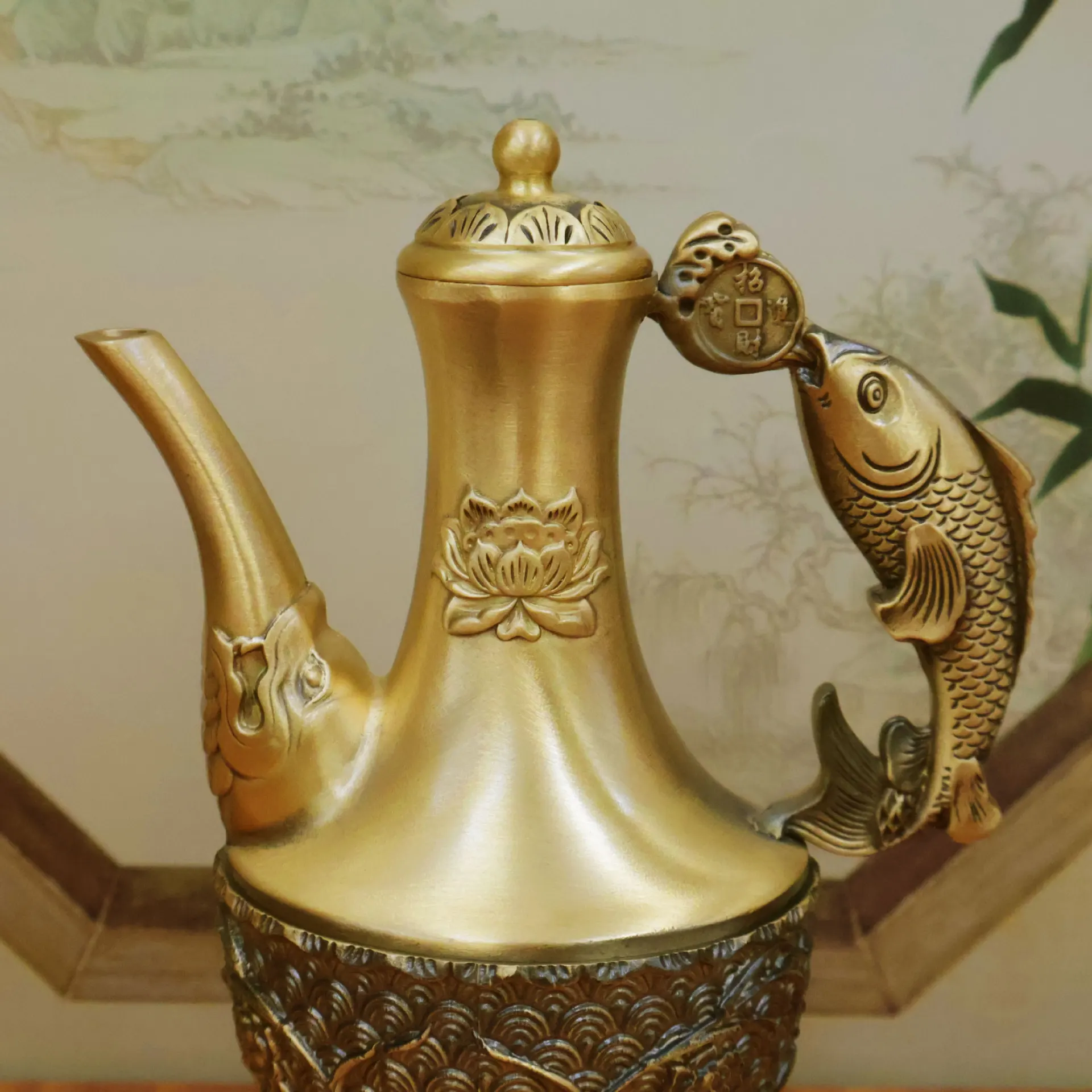 Double Fish Embossed Brass Wine Pot Dragon Phoenix Bless Water Kettle Oriental Living Room Craft Collect Present